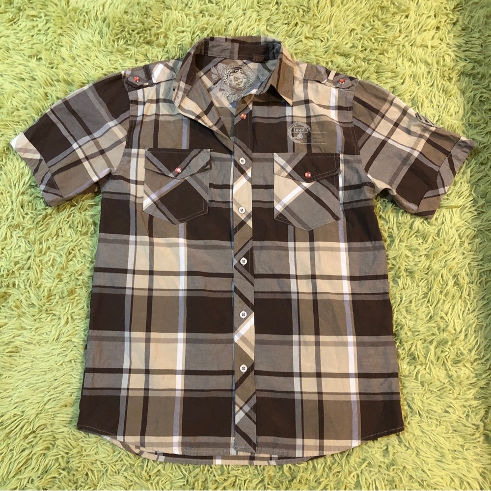 Raider Jean Co. Brown Plaid Short Sleeve Button Down Shirt